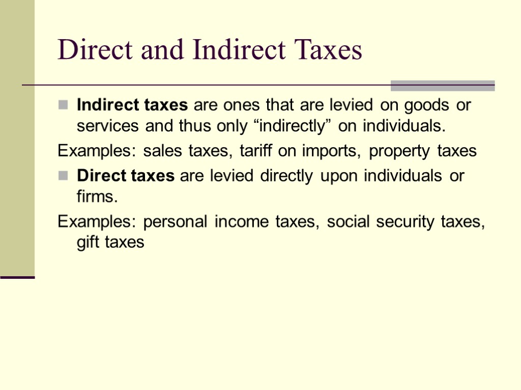 Direct and Indirect Taxes Indirect taxes are ones that are levied on goods or